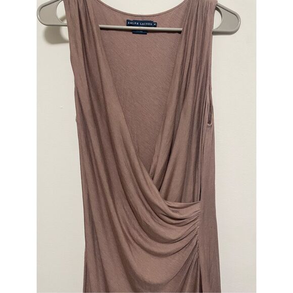 Ralph Lauren Medium Tan Plunge Neck Modal Wool Stretch Tank Knee Length Dress - Picture 2 of 6